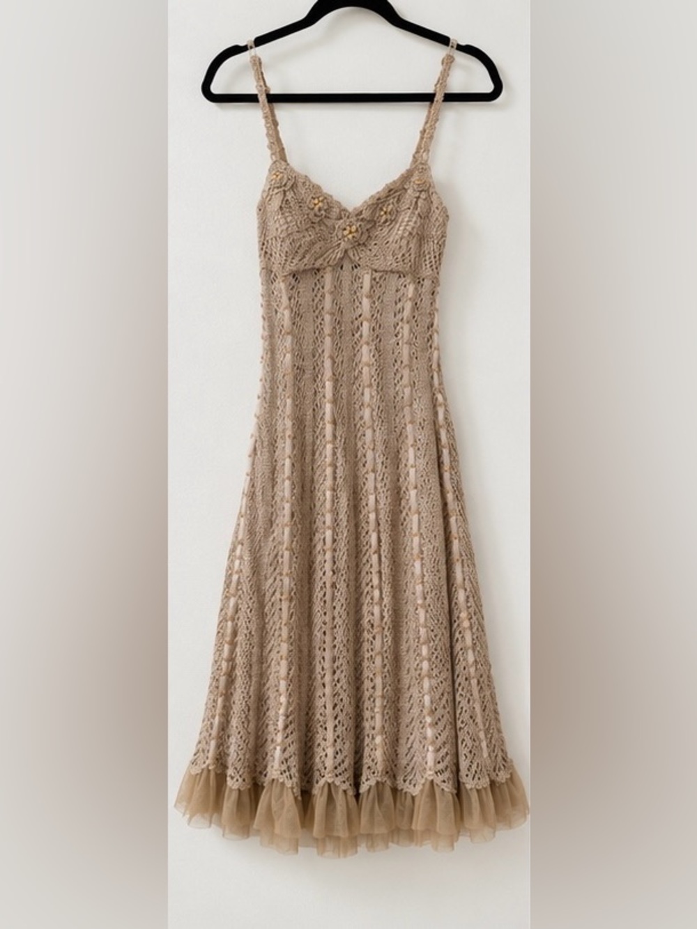 Rare Vintage Cache Crochet Floral Appliqué Beaded Fairycore Midi Dress S